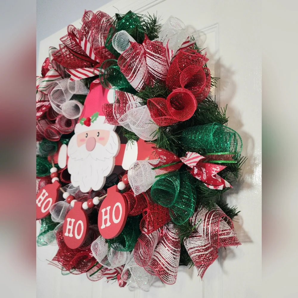 Festive SANTA HO HO HO Holiday Christmas Wreath - Red, Green, White